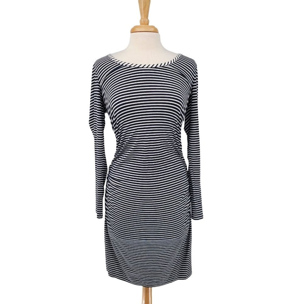 Banana Republic Navy Blue Striped Ruched Dress Womens Sz M Long Sleeve Midi‎